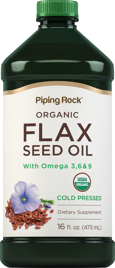 Organic Flax Seed Oil, rich in Omega 3, 6 & 9, cold pressed dietary supplement, 16 fl. oz. (473 mL).