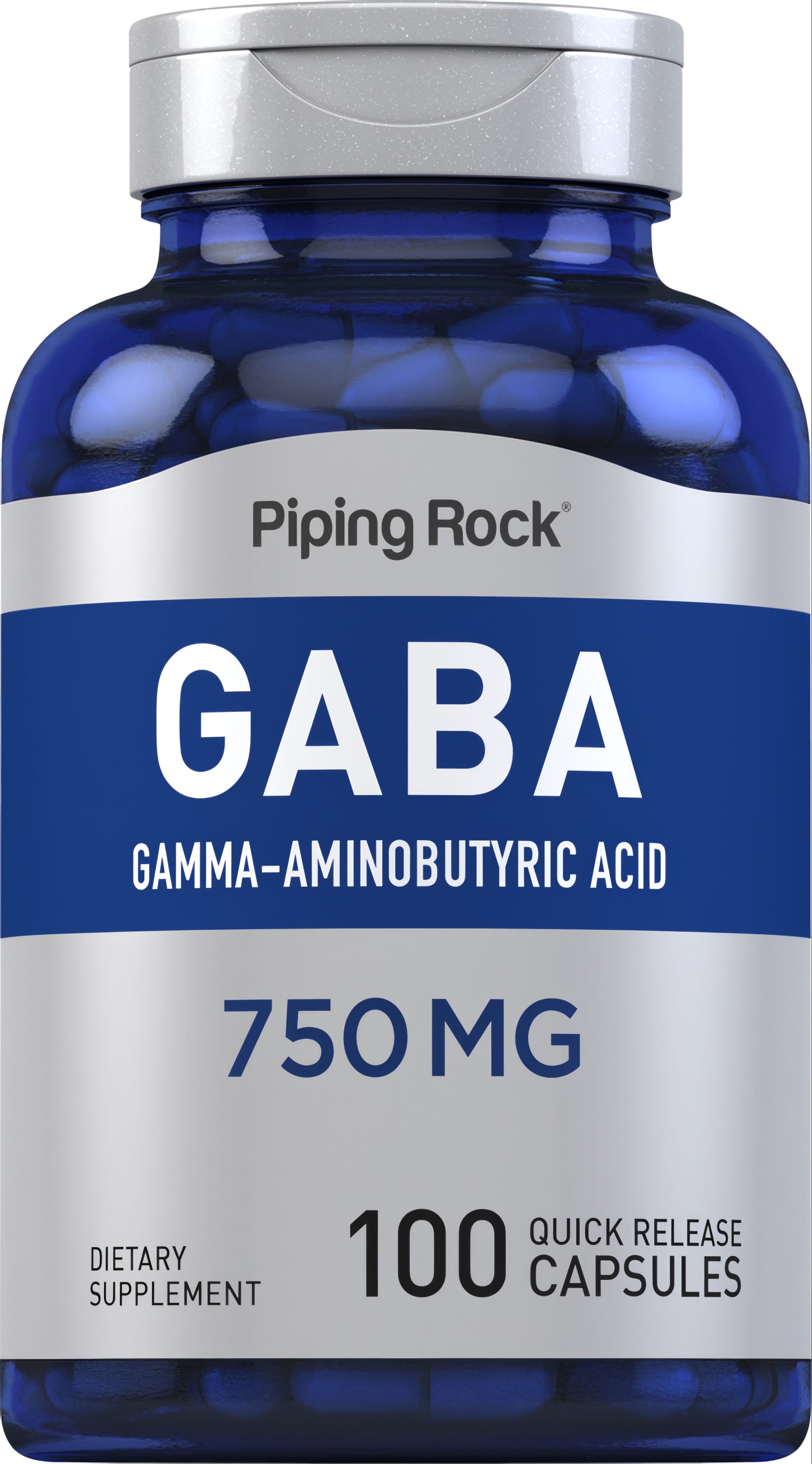 Gamma-Aminobutyric Acid (GABA) 750 mg, 100 Quick Release Capsules, dietary supplement for relaxation.