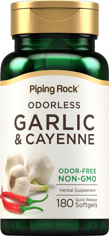 Odorless Garlic & Cayenne Herbal Supplement with 180 Quick Release Softgels.