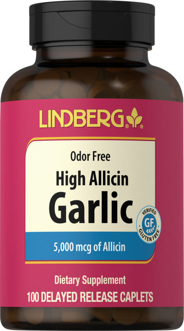 Odor Free High Allicin Garlic, offering 5,000 mcg of Allicin per serving with 100 delayed release caplets, verified gluten free.