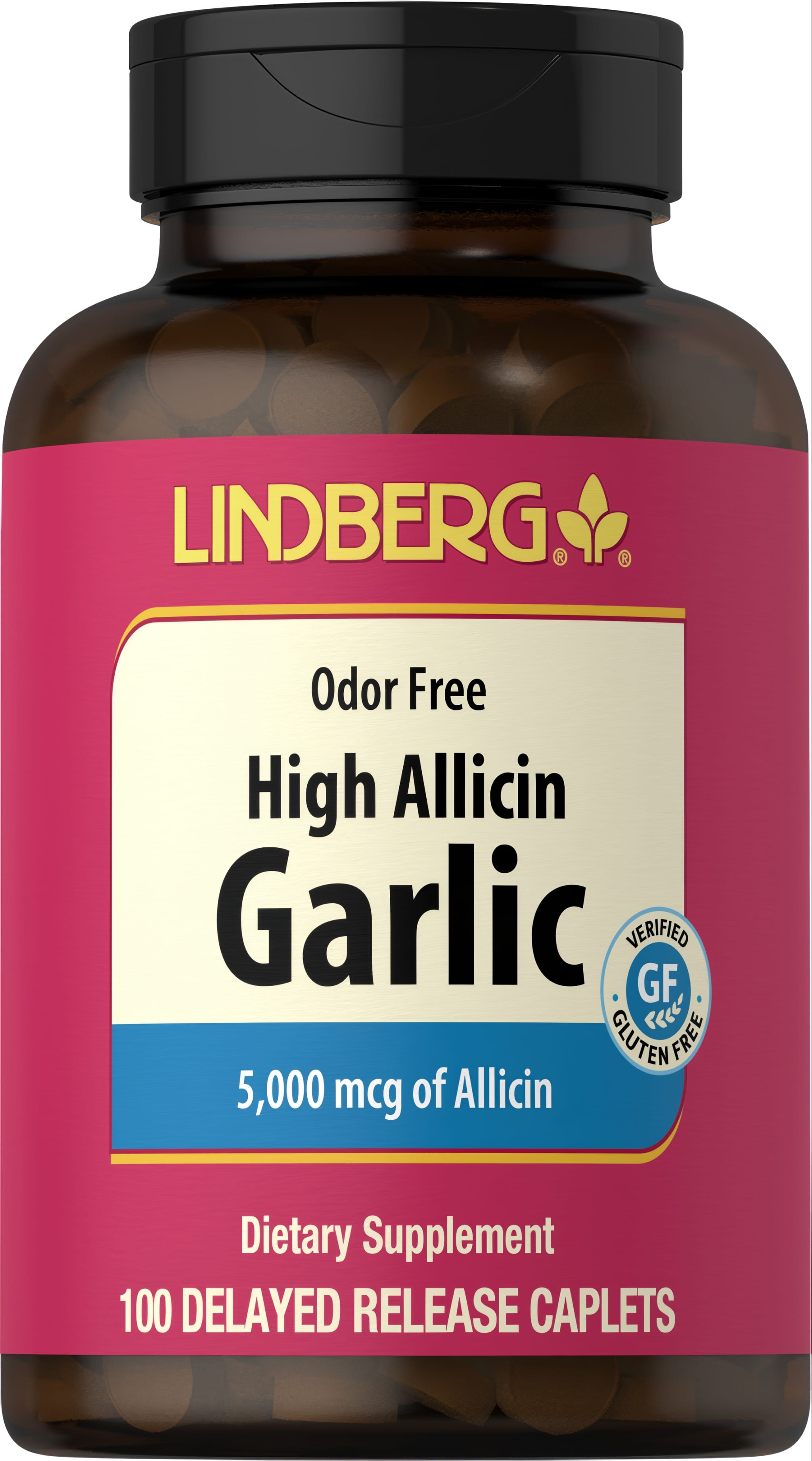 LINDBERG Odor Free High Allicin Garlic with 5,000 mcg of Allicin, 100 delayed release caplets for health.