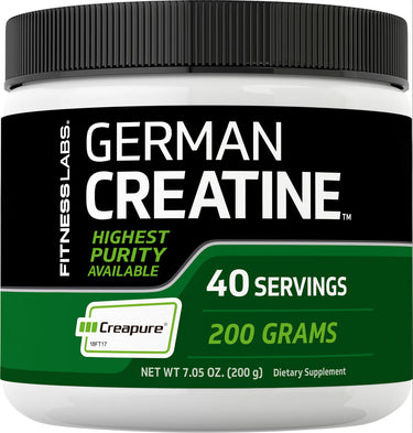 German Creatine jar, 40 servings, 200 grams, 7.05 oz, with Creapure logo, ensuring highest purity available.