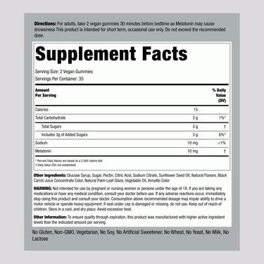 Image of Supplement Facts panel for Melatonin 10mg, 70 Gummies, detailing nutritional information and serving size.
