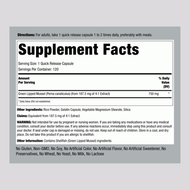 Supplement Facts for Green Lipped Mussel 750 mg Capsules, 120 count.