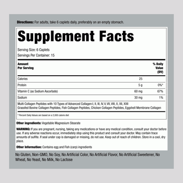 Label showing Supplement Facts for Multi Collagen Peptides, 90 caplets.