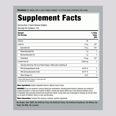 Supplement Facts panel for Fish Oil 1200 mg Lemon Softgels, 240 count.