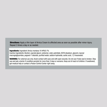 Supplement Facts panel for Boiron Arnica Cream 2.5 oz, detailing ingredients and nutritional information.