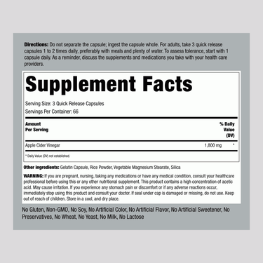 Supplement Facts for Apple Cider Vinegar 1800 mg Capsules, bottle contains 200 capsules.