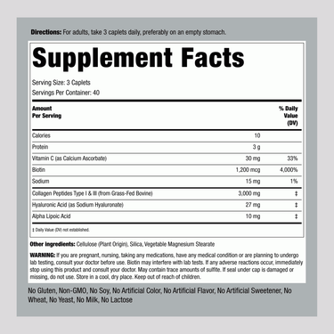 Supplement Facts panel for PIP Collagen Complex Plus, 120 tablets.