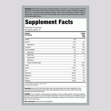 Supplement Facts panel for Gainer 500 Chocolate 5 lbs, detailing nutritional information and ingredients.