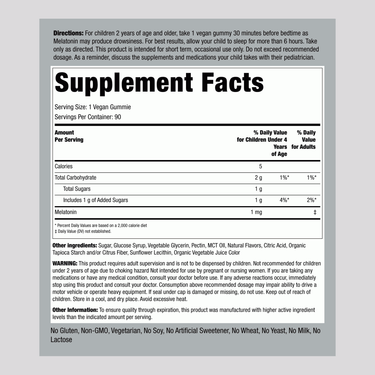 Supplement Facts label displaying details for Kids Melatonin 1 mg gummies, 90 count.