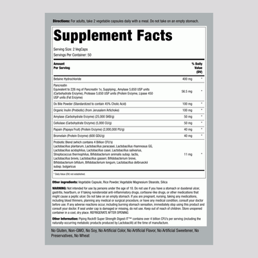 Image of Supplement Facts panel for Super Digestive Enzymes Veg Capsules 100 count.
