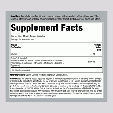 Supplement Facts panel for FL AminoFit 180 Capsules, detailing nutritional information and ingredient list in a structured format.