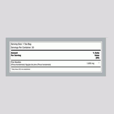 Nutritional information panel for Pine Needle Tea, 30 bags.