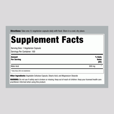 Supplement Facts panel showing details for Malic Acid 800 mg, available in a bottle of 100 capsules.