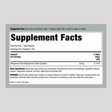 Supplement Facts panel showing details for Manganese 50 mg, 100 Capsules.