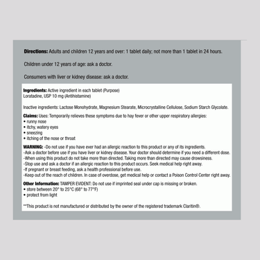 Supplement Facts label for Geri-Care Loratadine 10mg, showing 30 tablets.