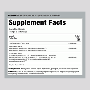 Supplement Facts for Ult Flora Extra Care 50 Billion, 30 Veg Capsules.