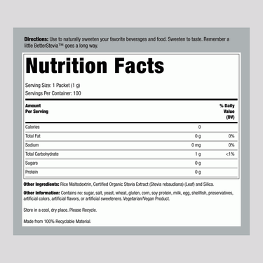 Image of Supplement Facts for Now Better Stevia Packets 100 count.