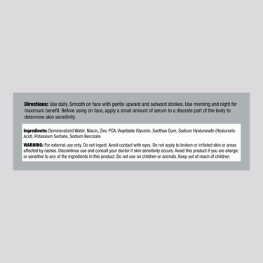 Supplement Facts panel for 2 oz Niacinamide and Zinc Serum ensuring detailed ingredient breakdown.