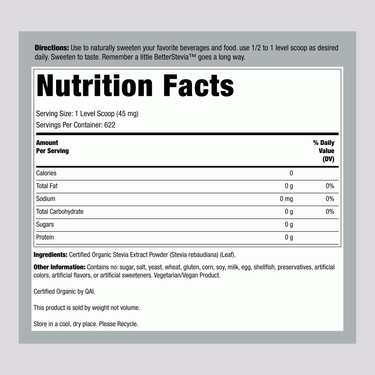 Supplement Facts panel for Now BetterStevia Extract Powder, 1 oz size.