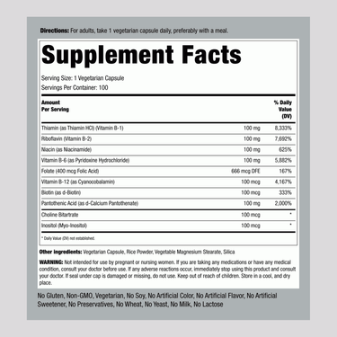 Supplement Facts panel detailing contents of B-100 B Complex Capsules, 100-count.