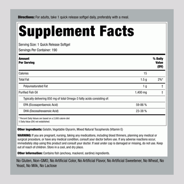 Label showing Supplement Facts for Triple Strength Fish Oil, 190 softgels.