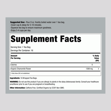 Supplement Facts panel for Traditional Medicinals Chamomile Flowers Organic Tea, 24 bags.