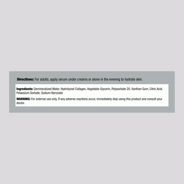 The Supplement Facts panel for Collagen Serum 1 oz provides detailed nutritional information and ingredients list for consumers.