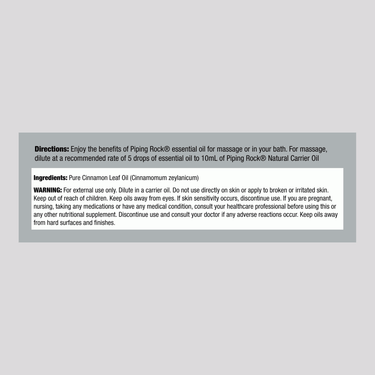 Supplement Facts panel for Nature's Truth Cinnamon Oil, 15 mL bottle, detailing ingredients and nutritional information.