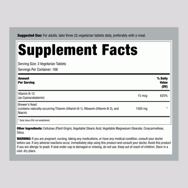 Supplement Facts panel for Carlyle Natural Brewers Yeast 1500 mg, 500 Tablets, detailing nutritional information.