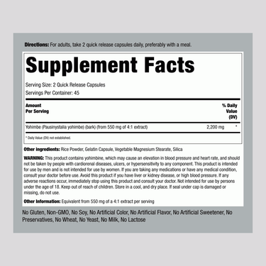 This image displays the Supplement Facts for Yohimbe Max 2200 Capsules, containing 90 capsules per bottle.