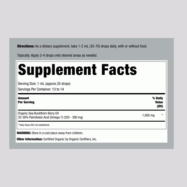 Supplement Facts panel for Seabuck Wonders Sea Buckthorn Berry Oil 0.45 oz.