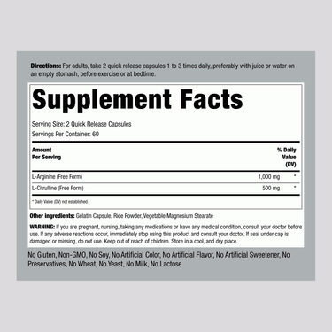 L-Arginine 1000 mg & Citrulline 500 mg, 1000/500 mg, 120 Quick Release Capsules