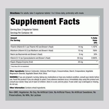 Label showing Supplement Facts for B Complex Plus Vitamin B-12 Tablets.
