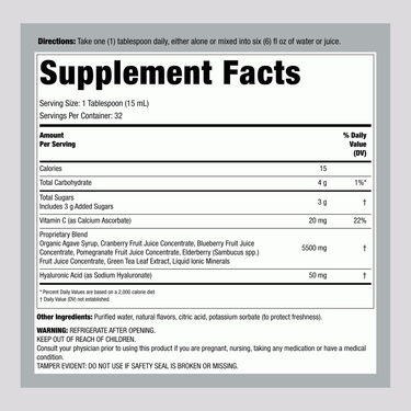 Supplement Facts panel for NCL Hyaluronic Acid Liquid Berry, 16 fl oz, detailing ingredients and nutritional information.