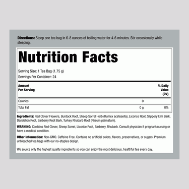 Supplement Facts for Now Ojibwa Herbal Cleansing Tea Bags, 24 count.