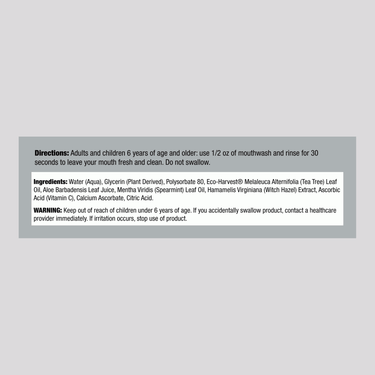 Supplement Facts panel for Desert Ess Tea Tree Oil Mouthwash Spearmint, 16 oz.