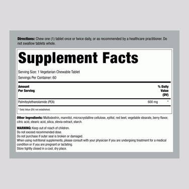 Supplement Facts panel for Discomfort Relief 60 Chewable Tablets detailing ingredients and nutritional information.