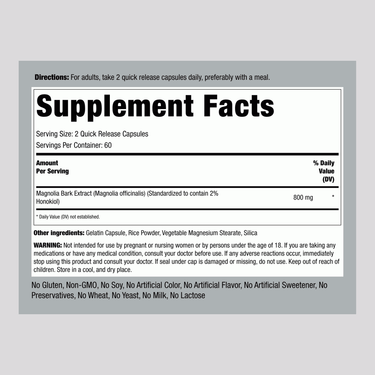 Supplement Facts for Magnolia Bark Capsules with 800 mg dosage and 120 count.