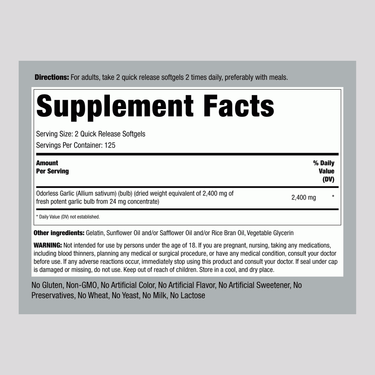Supplement Facts panel showing 2400 mg Odorless Garlic in 250 softgels.