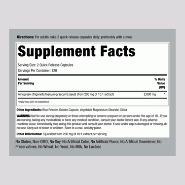 Supplement Facts for Fenugreek 2000 mg with 240 capsules.