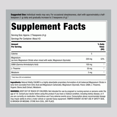 Label showing supplement facts for NV Calm Sleep Magnesium with Melatonin, 6 oz (170 g).