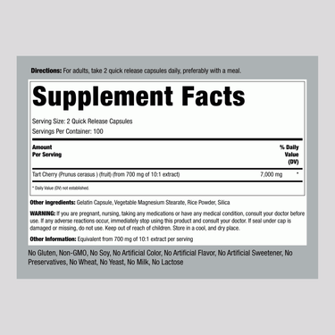 Image of Supplement Facts for Tart Cherry 7000 mg, 200 Capsules.