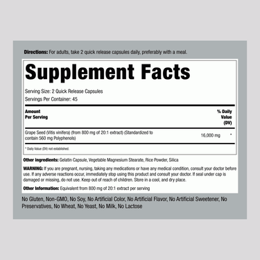 Supplement Facts panel for Grapeseed capsules, showing a dosage of 16,000 mg and a quantity of 90 capsules per bottle.