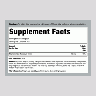 Supplement Facts for Horbaach Magnesium Oxide Powder, 8 oz, showing nutritional information.