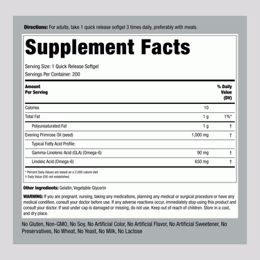 Supplement Facts label for Evening Primrose Oil 1000mg, 200 softgels.