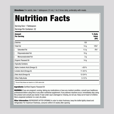 The Supplement Facts panel for Organic Flaxseed Oil, 16 oz.