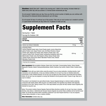 Image of the Supplement Facts panel for Nature's Secret Super Cleanse 200 Tablets, detailing nutritional information and ingredients.