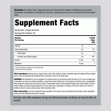 Shows the Supplement Facts panel for Melatonin 12 mg, containing 60 gummies.
